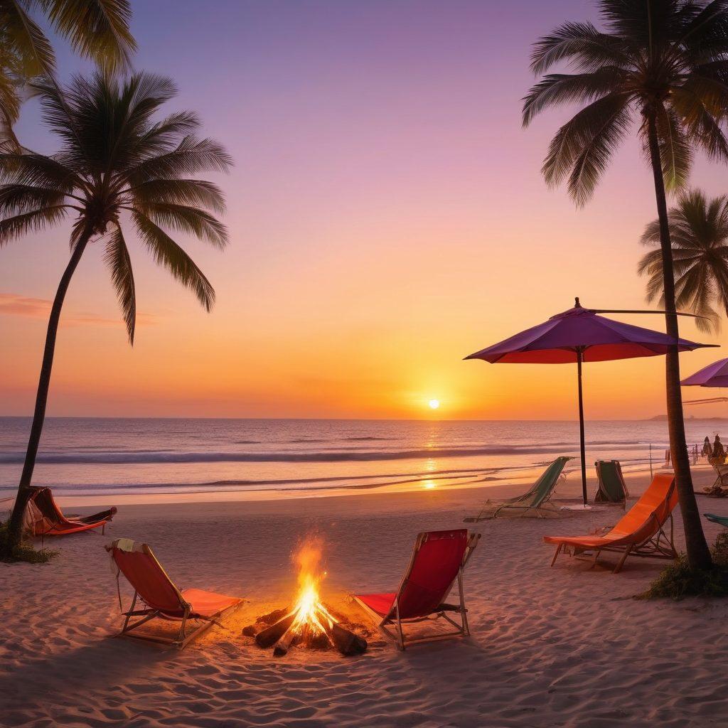 A stylish summer scene showcasing a vibrant beach setting with colorful swimwear hanging on a line swaying in the gentle breeze. People enjoying a bonfire in the background, wearing trendy swimsuits and beach accessories, surrounded by glowing sunset hues. Incorporate beach umbrellas, tropical plants, and a flickering bonfire to create a lively atmosphere that highlights the transition from beach fun to evening gatherings. super-realistic. vibrant colors. sunset backdrop.